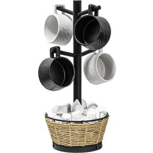 Wood Mug Holder Tree With Woven Basket, 4 Hooks Coffee Mug Holder, Countertop Mug Tree For Kitchen Counter Cabinet Coffee Bar Accessories Cup Display Organizer Hanger(Black)