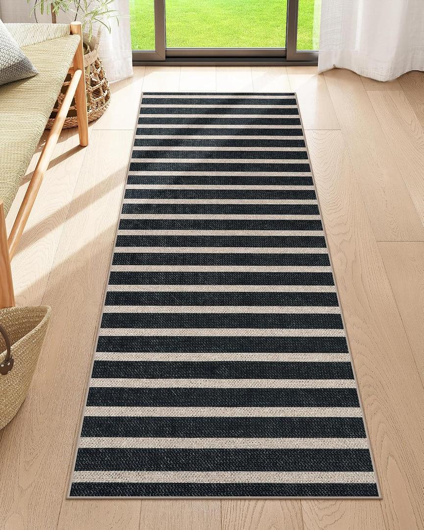 Lahome Elance Striped Easy Jute Kitchen Runner, 2x6 Washable Rug Runners for Hallways Non Slip Entryway Rug, Farmhouse Neutral Indoor Outdoor Black Carpet for Laundry Room Front Porch