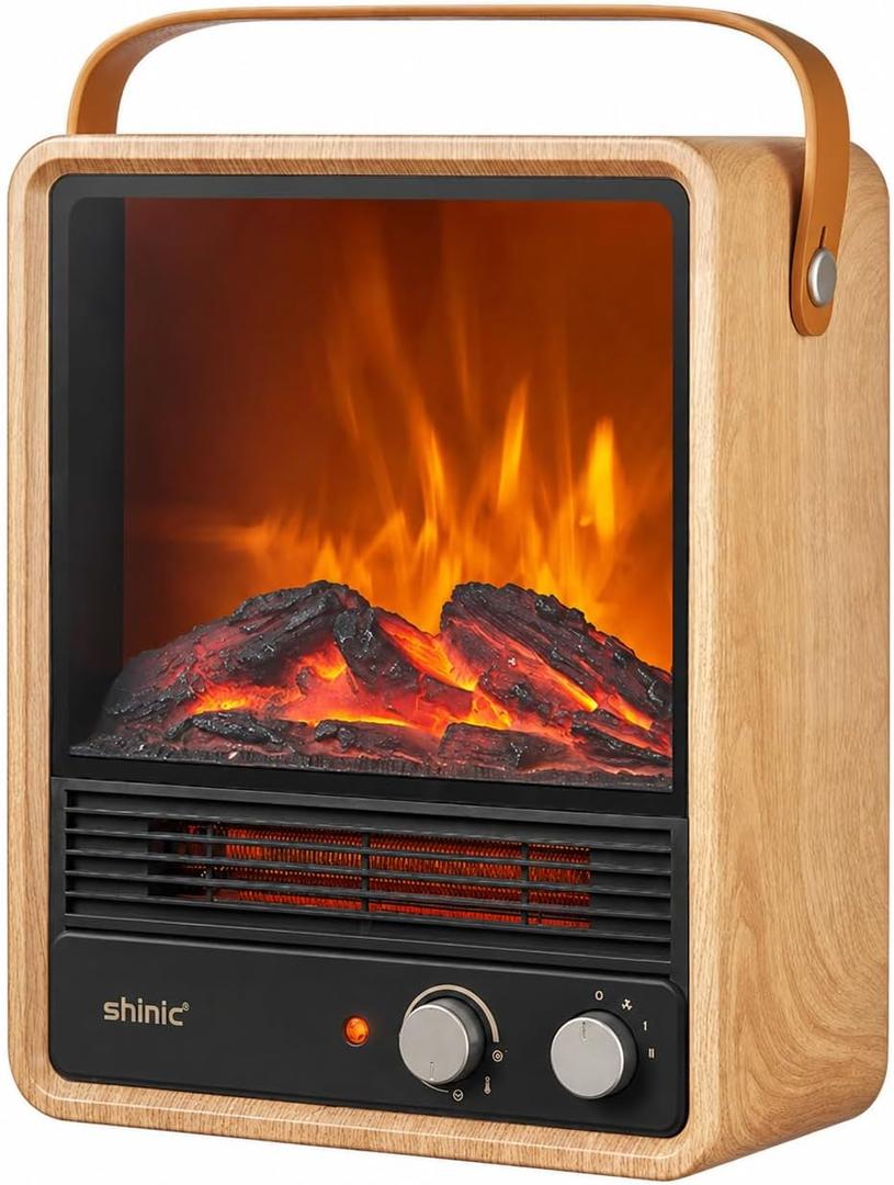 shinic Electric Fireplace Heater, 3D Flame Effect & Sound (Oak), 11.8" x 6.1" x 14.7"