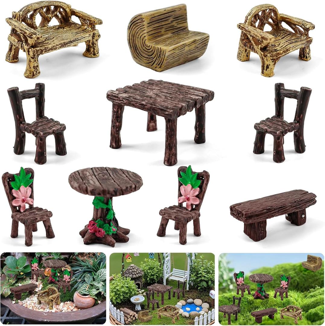Morofme 10 Pcs Mini Garden Furniture Ornaments Miniature Table and Chairs Resin Bench Chair Kit Garden Furniture Accessories for Cake Topper Micro Landscape DIY Craft Succulent Flower Pot Decorations
