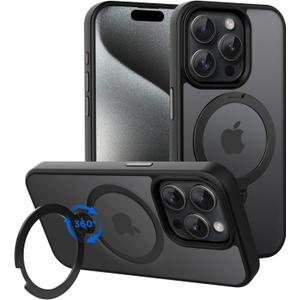 CACOE Magnetic Case for iPhone 15 Pro 6.1 inch with 360 Rotatable Ring Stand, Compatible with MagSafe Car Phone Mount, Cases Cover Phone Holder for Desk Meeting/Videos Matte Black