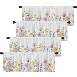 Emvency 4 Pack Valances Window Treatments, Spring Wildflower Flower Blackout Adjustable for Living Room Bathroom Bedroom Kitchen Over Sink, 52x18 Inch Rod Pocket Valances