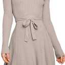 ANRABESS Women's Crewneck Long Sleeve Tie Waist A-Line Swing Bodycon Short Dress Casual Solid Ribbed Knit Sweater 669hongxing, Small, Red Apricot