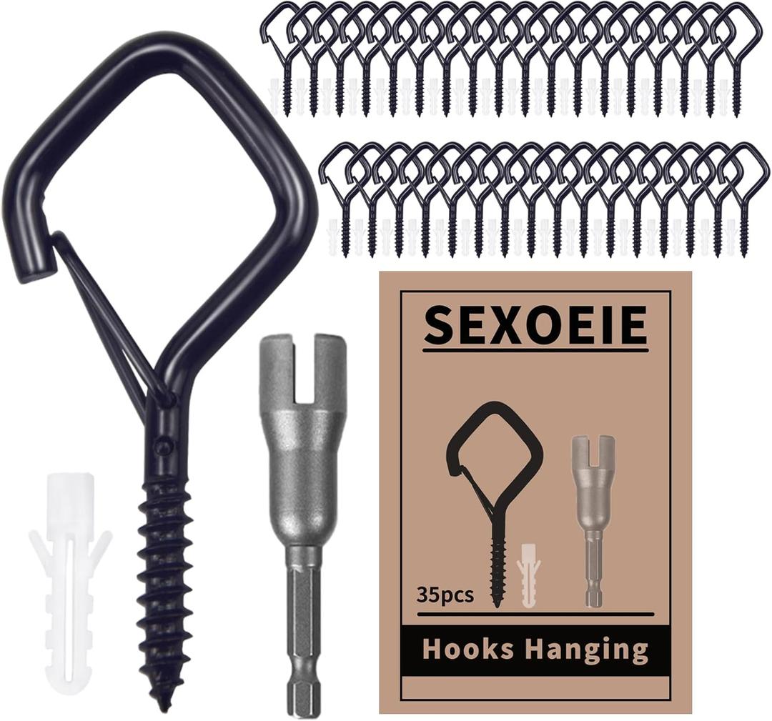 35 PCS Eye Screw Hooks for Hanging Heavy Duty with Safety Buckle.Metal Ceiling Hooks for Hanging Plants,Cup,Wind Chime,Bird Feeders,Christmas String Lights at Indoor&Outdoor,2.36 Inches Black