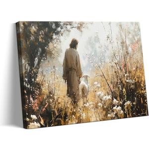 Jesus Leaves The 99 Sheep Canvas Wall Art, Christian Jesus Lamb Wall Decor Paintings, Lost Sheep Religious Bible Posters Prints Pictures for Church Living Room Bedroom 16x24 Inch Framed