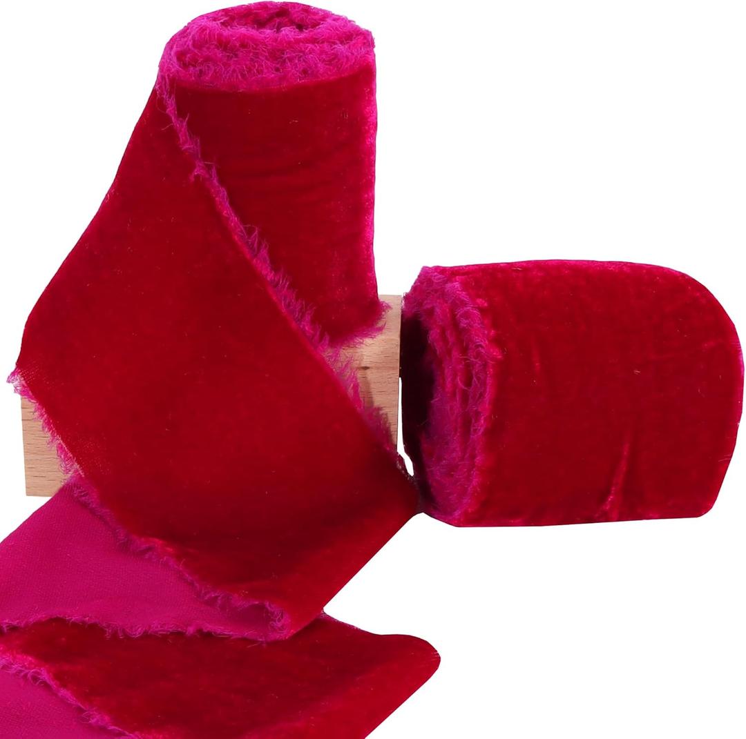 2 Rolls Hot Pink Velvet Ribbon - 3 Inch Handmade Fringe Frayed Silk Velvet Ribbon Raw Edge for Wreaths, Flower Bouquets, Dress Sash, Baby Showers, Weddings - 6 Yards