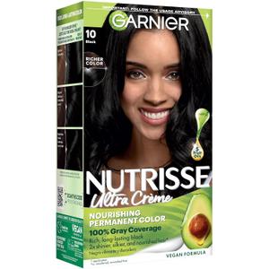 Garnier Nutrisse Ultra Crme Hair Color, Permanent Hair Dye with 100% Gray Coverage, Vegan & Cruelty-Free, 10 Black (Licorice), 1 Count