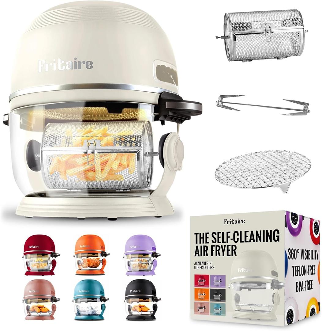 Non Toxic Air Fryer - Glass AirFryer 5 Quart w/ 360 Visibility, Self-Cleaning, 400F Vortex Air Fryer for Even Cooking, BPA-Free Teflon Free, 6-in-1 Functions, Rotisserie, Roast, Bake, White