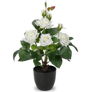 Hollyone Artificial Plants & Flowers with Vase White Roses Artificial Flowers Potted Plant Faux Silk Flower with Black Pot Fake Rose Flower Arrangement Home Decor Table Desk Decorations 15 Inch