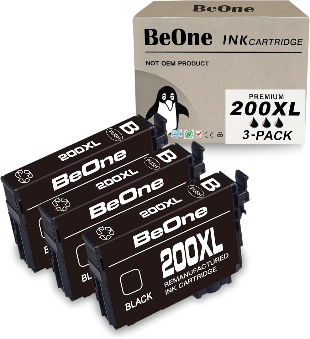 BeOne 200XL Black Remanufactured Ink Cartridges Replacement for Epson 200XL T200XL Compatible with Epson Expression Home XP-200 XP-300 XP-400 XP-410 Workforce WF-2520 WF-2530 WF-2540 Printer (3 Black)