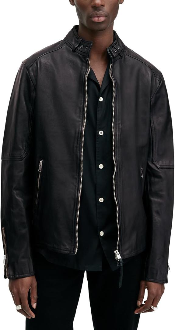 AllSaints Men's Cora Leather Jacket (Medium, Jet Black)