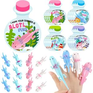 28 Sets Axolotl Party Favors Bulk for Kids Rubber Axolotl Finger Slingshot Toy with Cards Summer Birthday Party Supplies Student Gifts Game Prizes Stress Relief