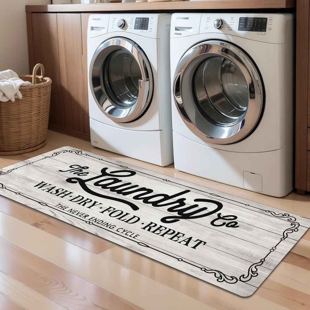 Pauwer Laundry Room Rug Runner 20"x60" Waterproof Rubber Laundry Mat Non Slip Kitchen Mats for Floor Washable Floor Mat Runner Rug for Farmhouse Mudroom Washroom Bathroom Decor (1'8" x 5', Beige)