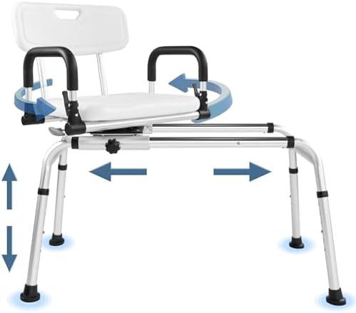 EOSPRIM Sliding Shower Chair Tub Transfer Bench with Extra-Wide 360° Swivel Seat, Shower Chair for Inside Shower, Non-Slip & Padded Arms, Height Adjustable for Handicap & Seniors, Weighs 400 pounds.