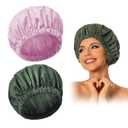 Reusable Shower Cap for Women, Large Waterproof Shower Essentials Bonnet Washable Elastic Band Bath Hair Wrap Hat for Long Hair, Braids(Green&Purple)