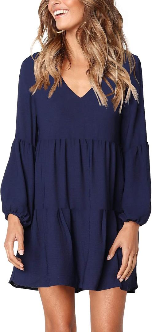 Amoretu Womens Tunic Dress Long Sleeve V Neck Casual Loose Flowy Swing Shift Dresses XL