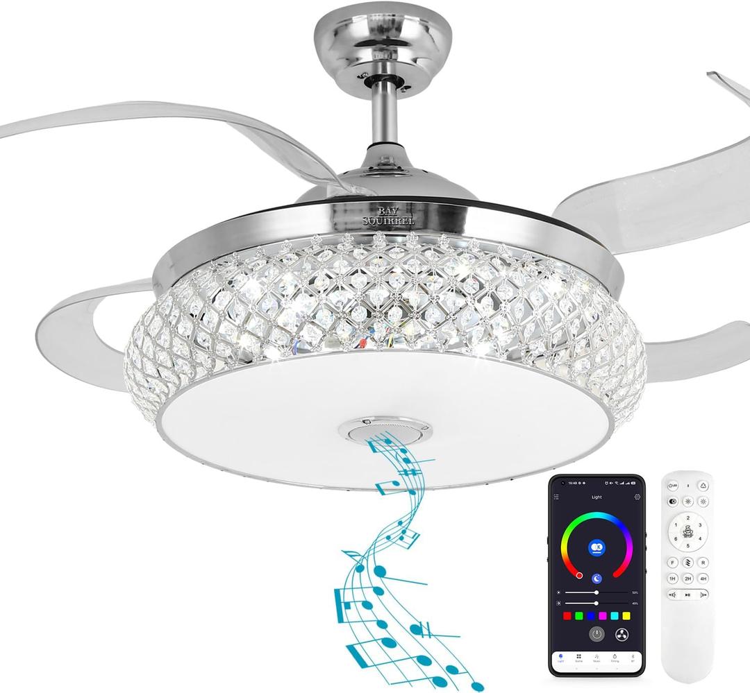 BAYSQUIRREL Retractable Ceiling Fan with Light, Low Profile Bluetooth Ceiling Fan with Speaker,RGB-LED Light 6 Speed Reversible Invisible Ceiling Fans for Bedroom,Remote and APP Control (Chrome)