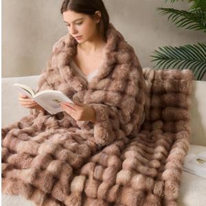 DOWNCOOL Faux Fur Queen Blanket, Plush Bubble Blanket 90"x90" Tie-dye Brown