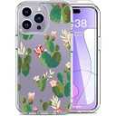 LUHOURI for iPhone 15 Pro Case with Screen Protector - Crystal Acrylic Clear - Fashionable Pattern Design - Wireless Charging - Slim Fit Protective Phone Cover for Women Girls, Cactus in Flower