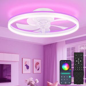 VOLISUN RGB Ceiling Fans with Lights and Remote, 20in Low Profile Ceiling Fans with Lights Flush Mount, 3000K-6500K Dimmable Fandelier LED Fan Light, White Bladeless Ceiling Fans for Bedroom