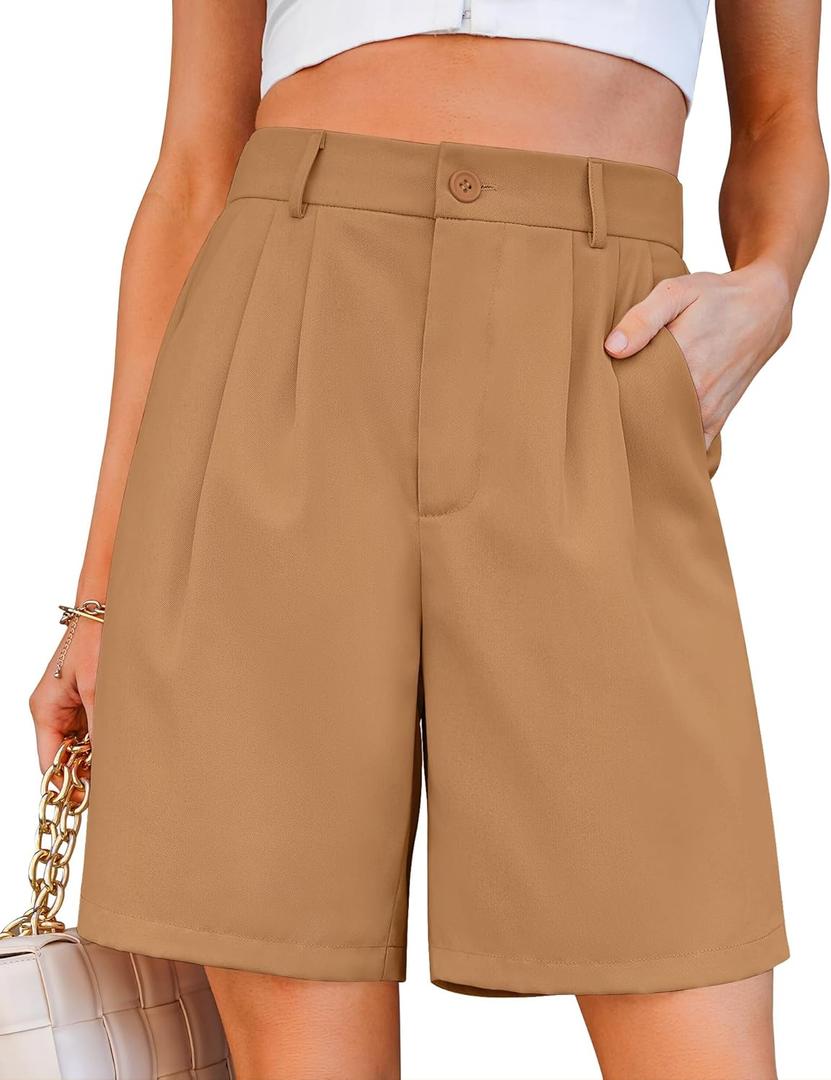 luvamia Bermuda Shorts for Women Dressy Casual High Waisted Summer Work Elastic Waist Pleated Dress Shorts with Pockets (Medium, Camel)