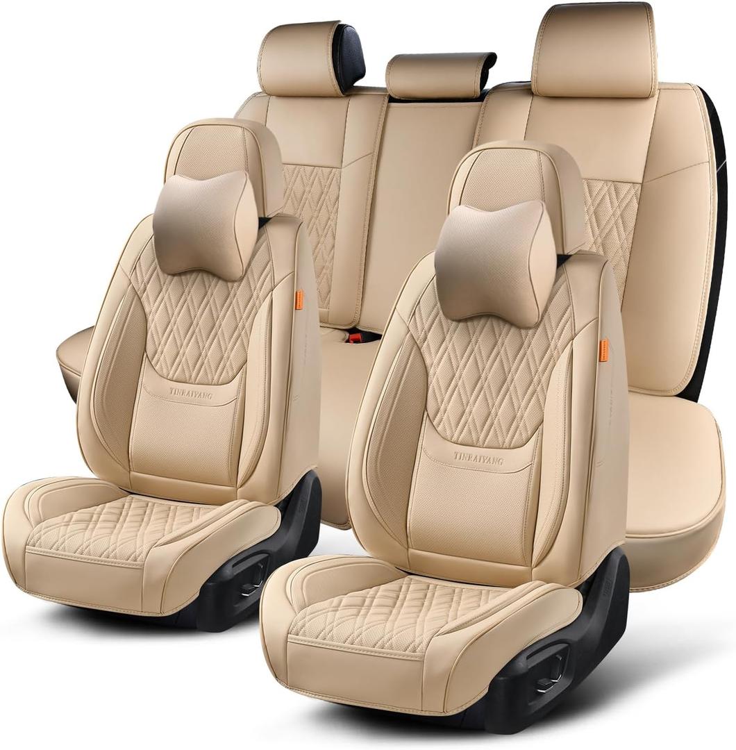 Car Seat Covers Full Set, Breathable Leather Automotive Front and Rear Seat Covers & Headrest, Universal Automotive Vehicle Seat Cover for Most Sedan SUV Pick-up Trucks, Beige