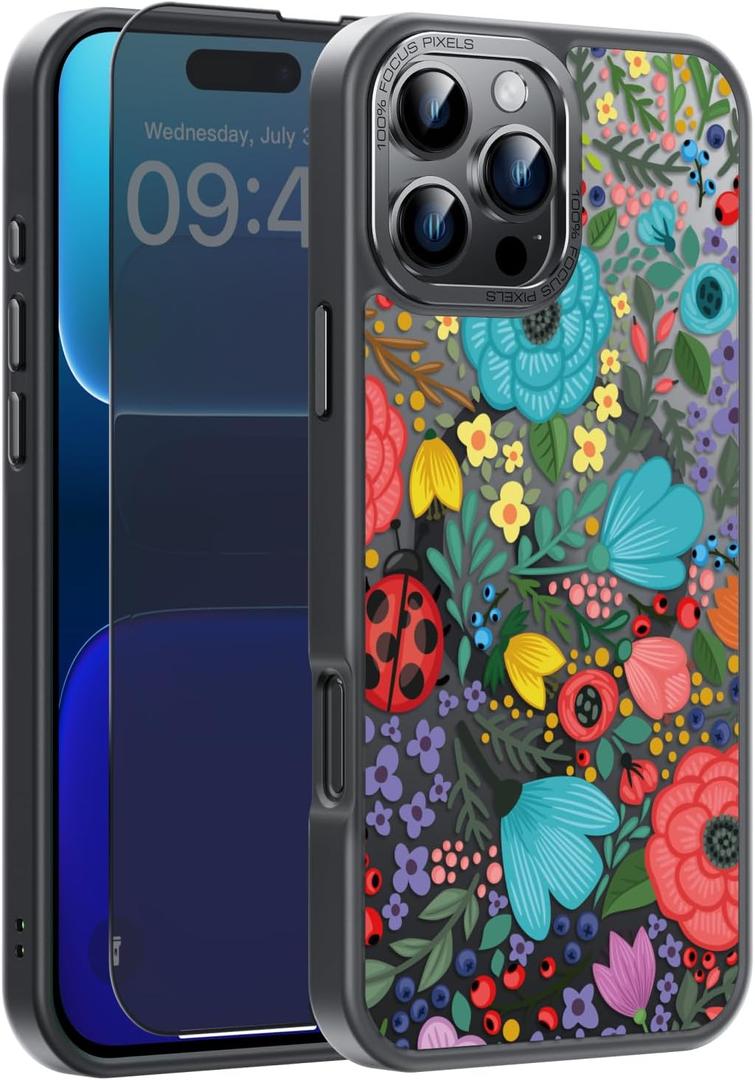 FUNMIKO for iPhone 16 Pro Max Case with Privacy Screen Protector, Wireless Charging Compatible, Translucent Matte Cover - Cute Floral Design Phone Case for Women Girls - Colorful Flower Garden