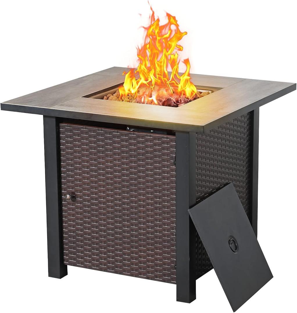 Yangming Propane Fire Pit Table, 30 Inch 50,000 BTU Square Outdoor Gas Firepit with Porcelain Tile Tabletop, Lid, Lava Rocks for Garden, Patio, Deck, Yard, Espresso Brown (QX-OL-FTABLE-EXP)