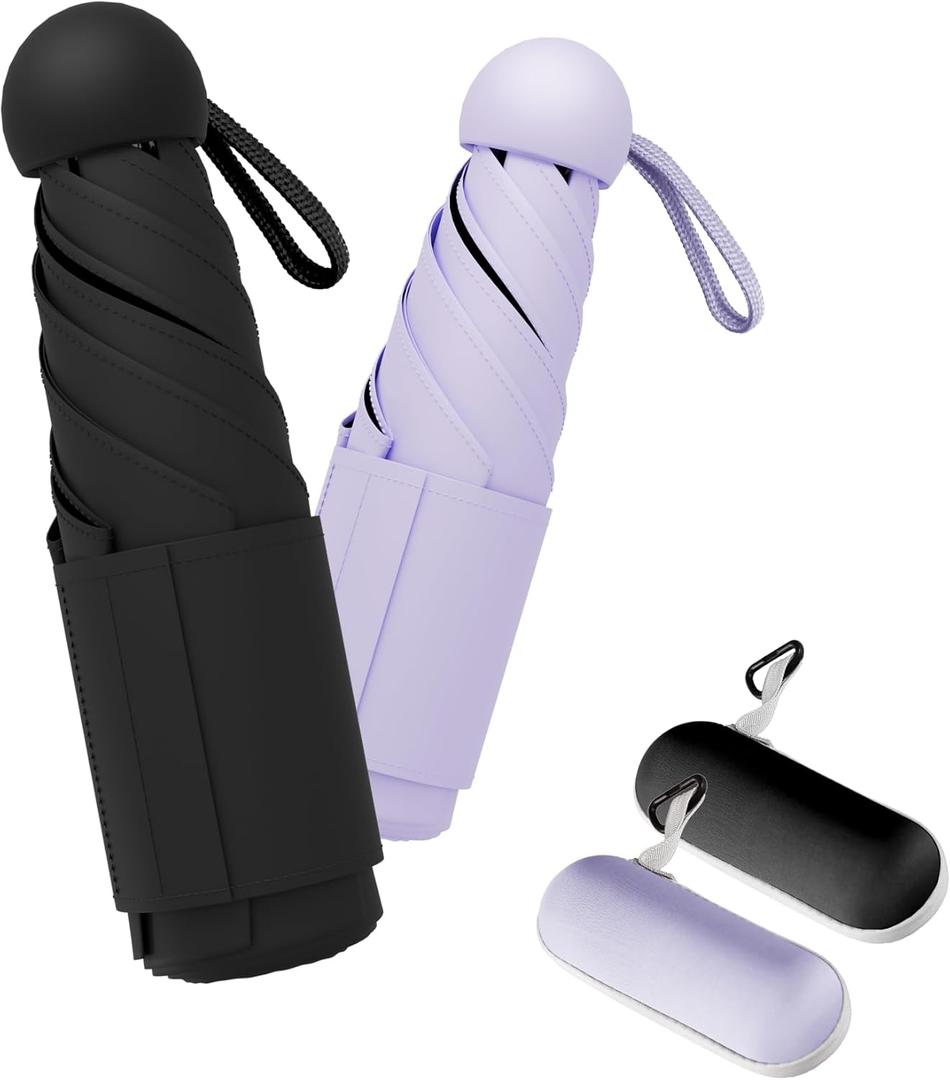 LILAC Travel Mini Umbrella Compact Small & Lightweight, UV Rain Protection, Pocket-Sized Folding Umbrellas with Quickdraw & Case for Men, Women & Kids Backpack (NEW2-Pack Black&Purple)