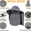 Sun Hats for Men Women Detachable Face Cover Wide Brim Fishing Hats with Neck Flap UPF 50+ Outdoor Safari Hats (Dark Grey)