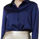 Escalier Women's Silk Blouse Long Sleeve Satin Button Down Shirt Casual Work Office Silky Blouse Top (Small, Navy)