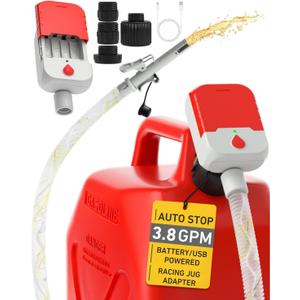 Fuel Transfer Pump with Auto-Stop, 3.8 GPM Battery or USB Powered Cordless Gas Pump, Portable Electric Pump for Gas Can with 51" Hose & 4 Adapters for Gasoline, Diesel, OilSpill-Free Refueling