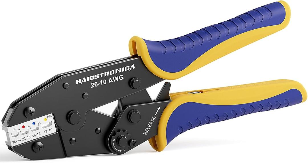 haisstronica Crimping Tool For Heat Shrink Connectors-AWG 26-10 Ratchet Wire Terminal Crimper-Ratcheting Crimper Tools-Available For Insulated Nylon Connectors and Electrical Wire Connectors HS-8327