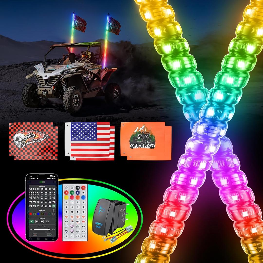 2PCS 6FT Whip Lights for UTV ATV with DIY Length, Tripled Brighter Led Whip Light W/Rocker Switch & 6 Flags, Spiral Chasing Lighted Antenna Whip with APP & Remote Control for RZR SXS Can-Am