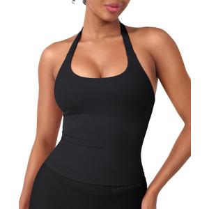 HIGORUN Halter Impact Tank Tops for Women Y2K Workout Longline Crop Tops with Built in Bras Open Back Going Out Gym Top (Black, S)
