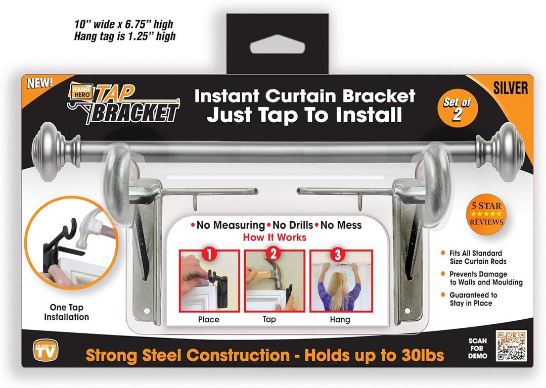 Spark Innovators Silver Tap Bracket - Hang Curtains in 30 Seconds! No Drill Instant Curtain Rod Brackets - Fits 1.25", Holds 30 lbs, As Seen on TV