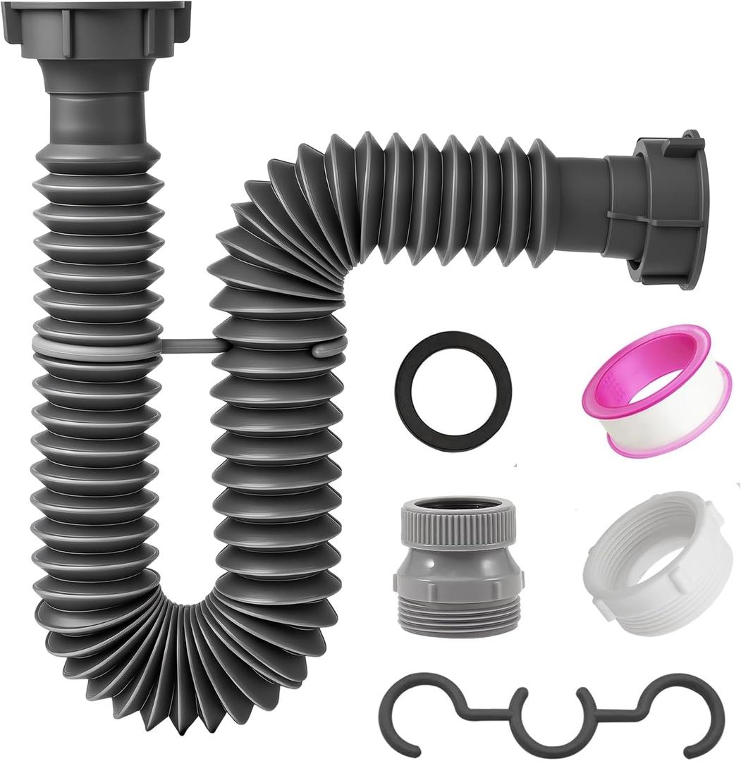 1-1/2" Sink Drain Pipe Kit, Flexible Expandable P Trap, 8"-22", Two 1-1/4" Adapters Included, Versatile Extension Tube for Kitchen Bathroom Washbasin Vanity