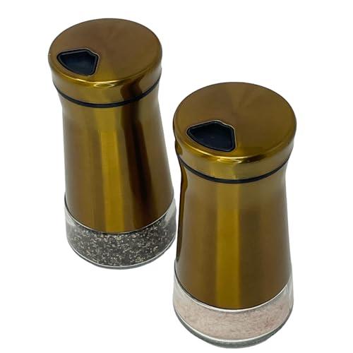 Rustic Dark Gold Salt and Pepper Shakers Set Adjustible Stainless Steel and Glass Modern Design Adjustable Top Makes it the ideal Spice and Seasoning Despenser Kitchen Sugar and Cinnamon Shakers