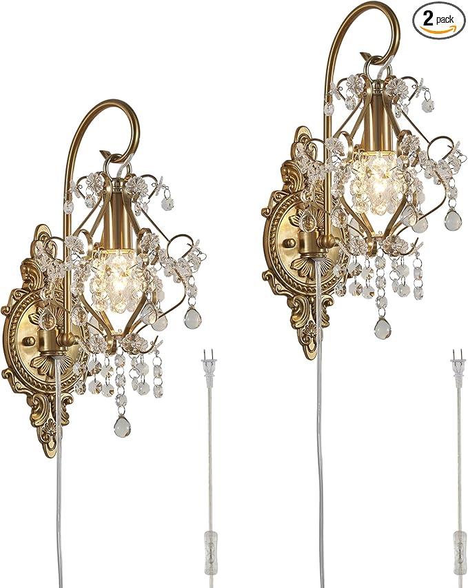 Fetason Gold Crystal Vintage Plug in Wall Sconces Set of 2 Indoor Wall Light Fixture, Modern Wall Mount Lamp Light for Bedroom Living Room Bathroom Vanity Light Hallway Light Fixture LED E12