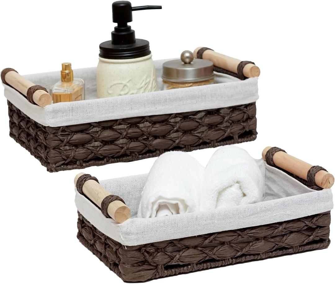 Storage Basket Wicker Baskets for Organizing with Handle Decorative Storage Bins for Countertop Toilet Paper Storage Basket for Toilet Tank Top Small Baskets Set (Set of 2) (Dark-Brown)