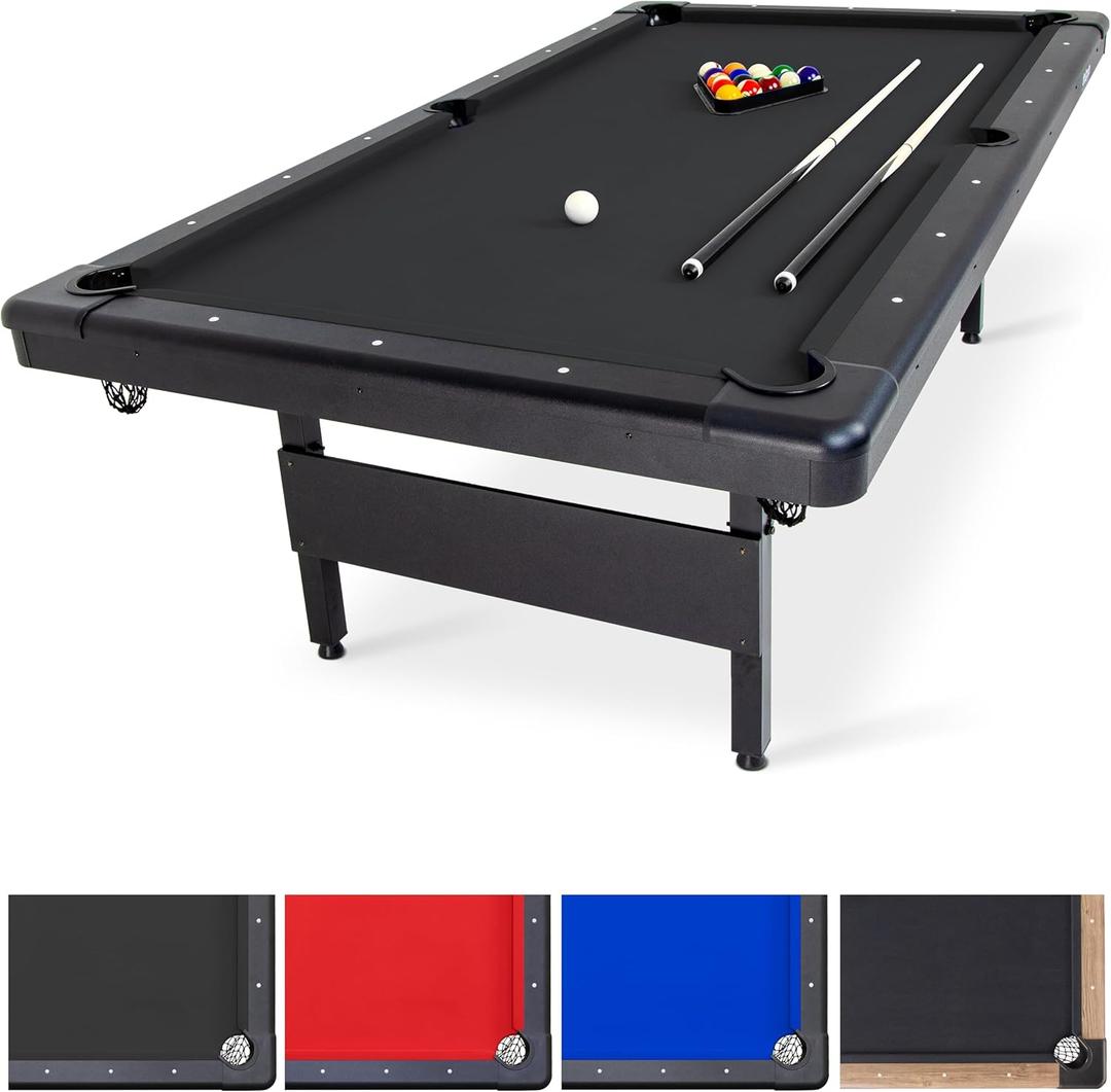 GoSports Full Size 8 ft x 4.2 ft Billiards Game Table - Foldable Design, Includes Full Set of Pool Balls, 2 Cue Sticks, Chalk, and Felt Brush - Black
