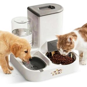 Automatic Cat Feeder & Water Dispenser – Gravity Cat Feeding Station with Stainless Steel Bowl, 2.2L Food & 1L Water Capacity, Automatic Pet Feeder for Cats & Small Dogs (Grey)