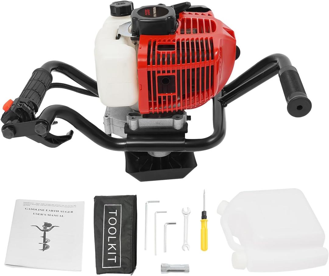 2-Stroke Post Hole Digger, Gas-Powered 52CC Earth Auger Post Fence Hole Digger Powerhead, 2HP 6500RPM Petrol Drill Borer for Garden & Lawn, Digging, Suitable Drill Bit 3.94in/5.91in/7.87in/11.81in