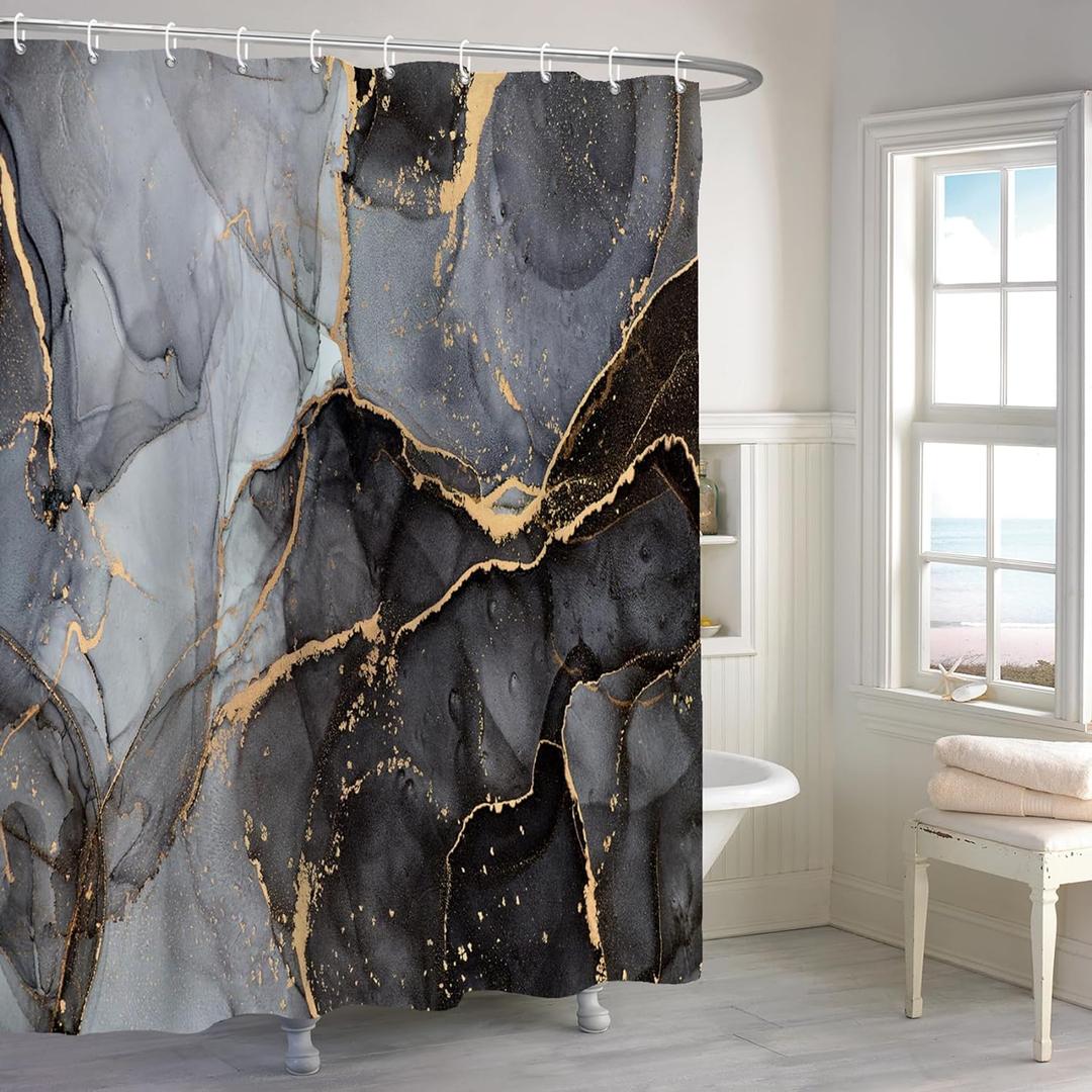 Renaiss 72x72 Inches Black Gold Marble Shower Curtain Abstract Crack Granite Texture Modern Luxury Ink Painting Fabric Shower Curtains for Bathroom Decor Waterproof Polyester with Hooks (72"W x 72"L (Pack of 1), Black)
