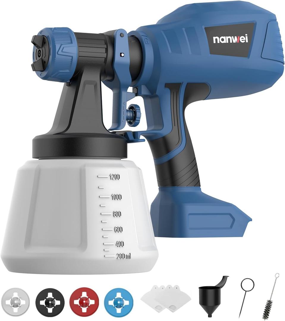 NANWEI Cordless Paint Sprayer Makta 18V Battery Compatible,1200ML HVLP Paint Spray Gun with 4 Nozzles & 3 Patterns,Paint Sprayer Gun for House Furniture Cabinets Painting (Battery not Included)