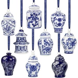 YIYA 9 Pack Porcelain Christmas Tree Ornaments 3.5 in Blue and White Ornaments Christmas Chinoiserie Hanging Ornaments Mini Ginger Jar for Xmas Tree Vintage Decoration