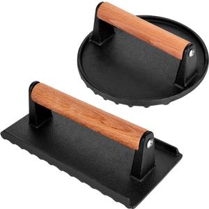 Blackstone Burger Press Set - 7" Round smash burger press & 8.3"x4.3" Rectangle Cast Iron Grill Press with Wooden Handle - Smasher is perfect for Blackstone Griddle, Pitboss Weber Griddle Grills (Round & Rectangle)