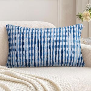 Merrycolor Boho Throw Pillow Covers 2012 Inch,Chenille Fabric Striped Square Decorative Sofa Couch Pillow Covers Vibrant Boho Bohemian Style for Living Room Bedroom(Blue -White, (Pack of 1)