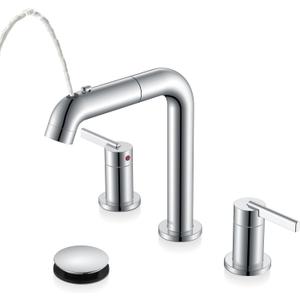 KENES Pull Down Bathroom Faucet with Sprayer, Chrome 8 Inch 2 Handle Widespread Bathroom Faucet 3 Hole with Pull Out Sprayer, Vanity Faucet with Pop Up Drain & Supply Lines LJ-9058A-5