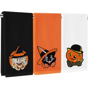 3 Pcs Halloween Hand Towels Embroidered Towel 3 Colors Vintage Cartoon Absorbent Bath Towel for Halloween Holiday Baking Cooking, 29.5 x 13.7 Inch